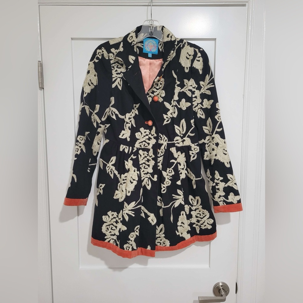 Plenty by Tracy Reese black floral print pea coat /velour accents (has pulls)